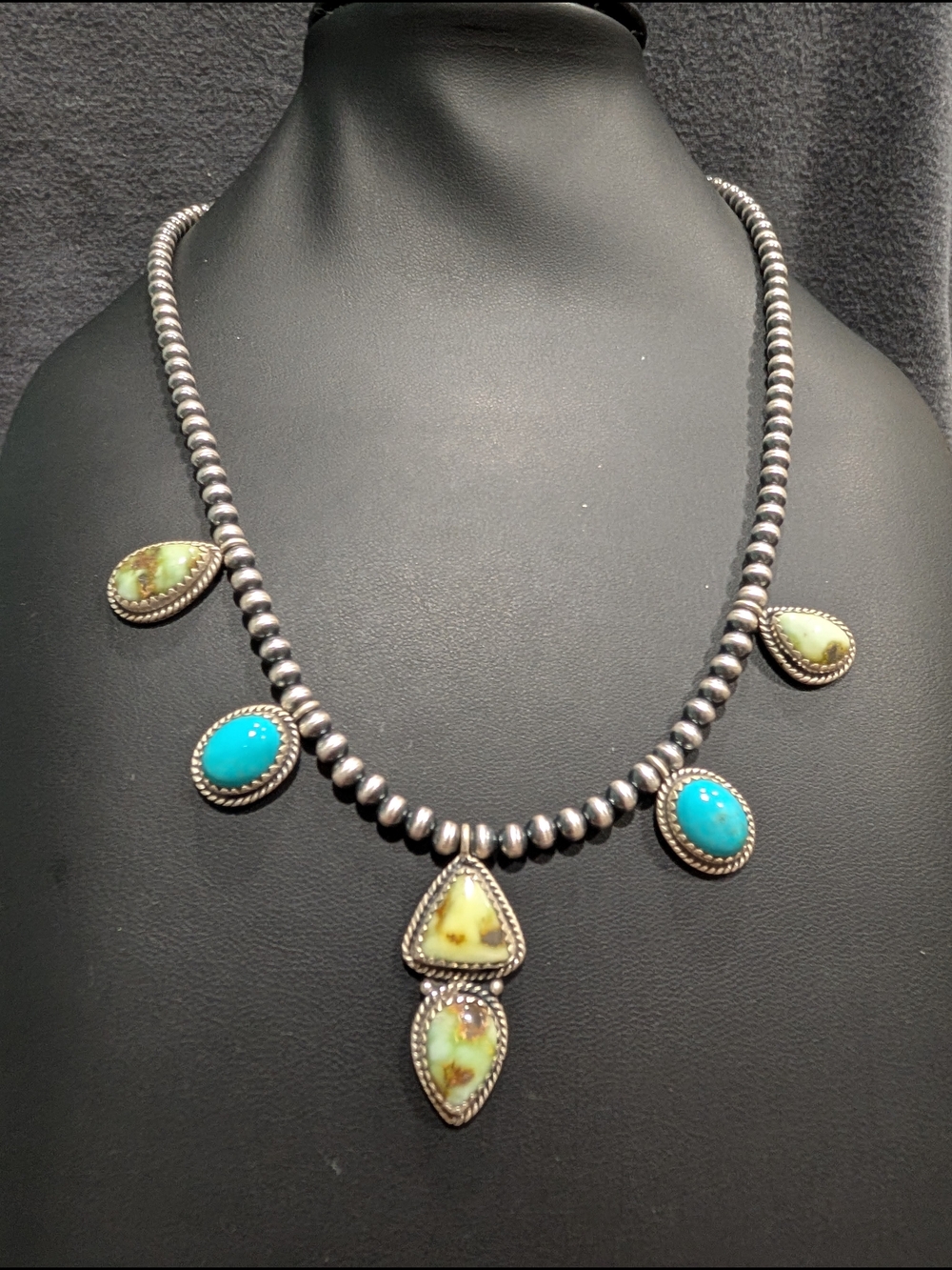 Sterling Bead Necklace with Kingman And Palomino Turquoise